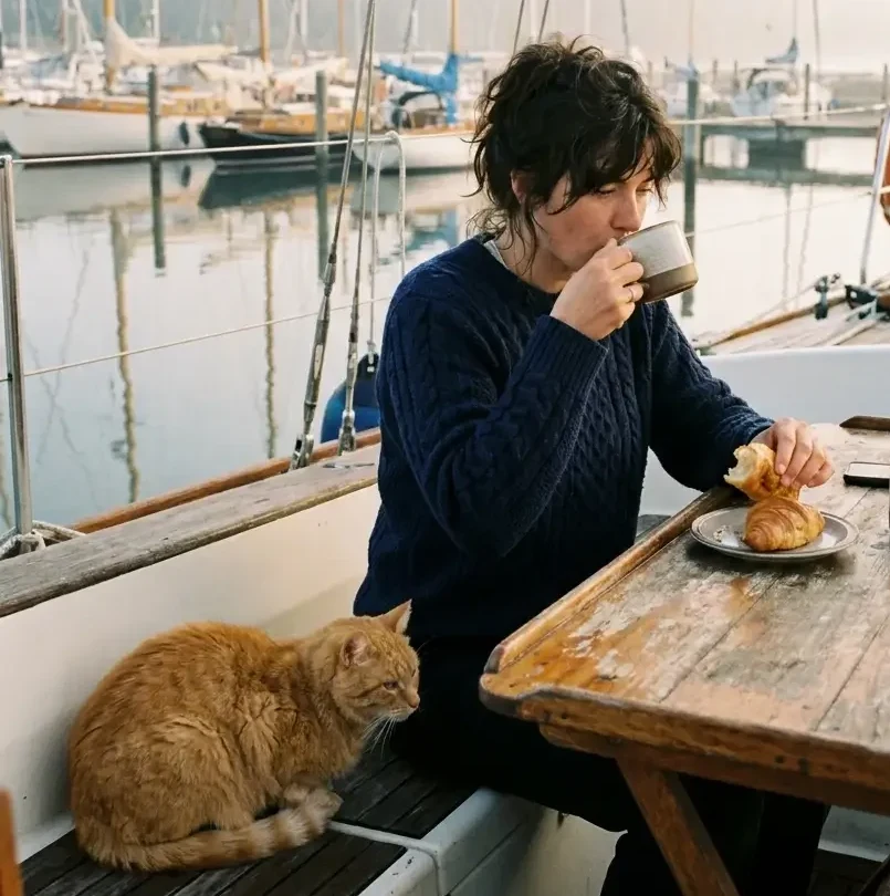 Orange tabby cat beside a woman drinking coffee on a sailboat in a misty marina — cat mystery books by Kristen Van Nest